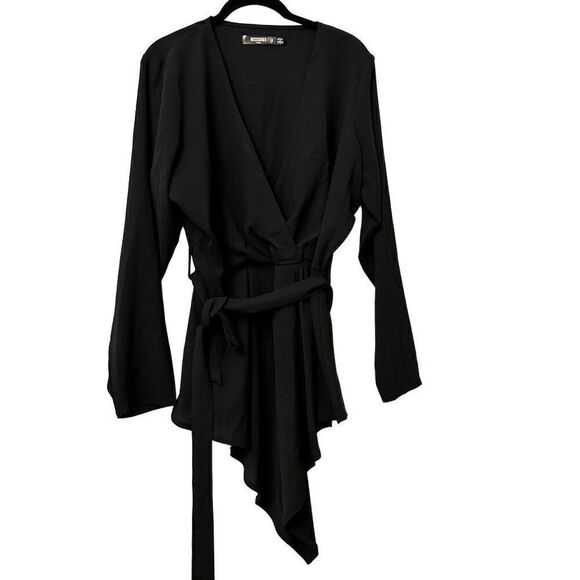 Missguided Asymmetric Hem Long Sleeve Belted Wrap Over Blouse Black Size 12 - Picture 2 of 7